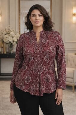 Talbots Woman Paisley Blouse with Sequins Burgundy Long Sleeve Curvey 2X